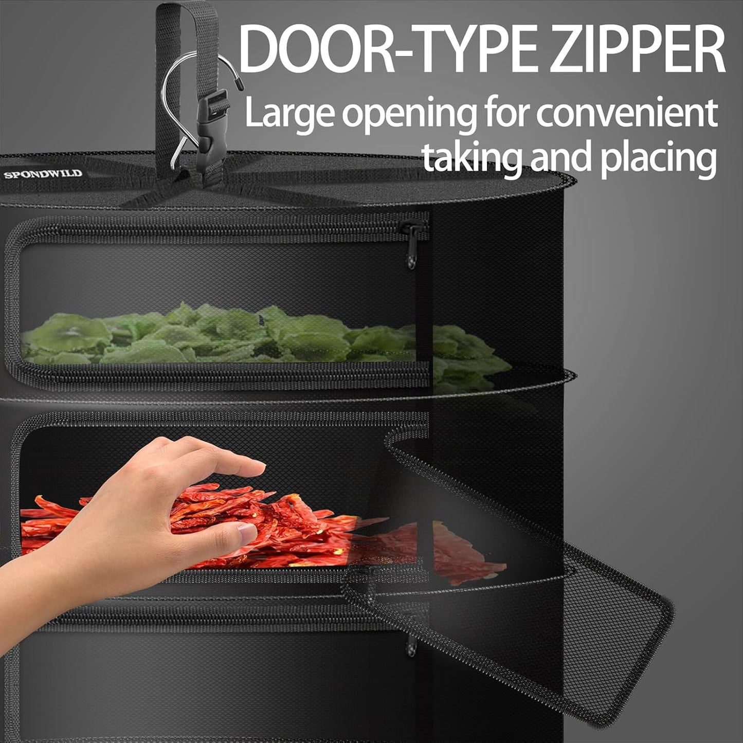 Herb Drying Rack Hanging Mesh Net，Small 4+1 Layer Plant Drying Rack with Door-Type Zipper & Closed Storage Compartment for Folding Basket Dryer Fiting in Grow Tents,Garden Outdoor