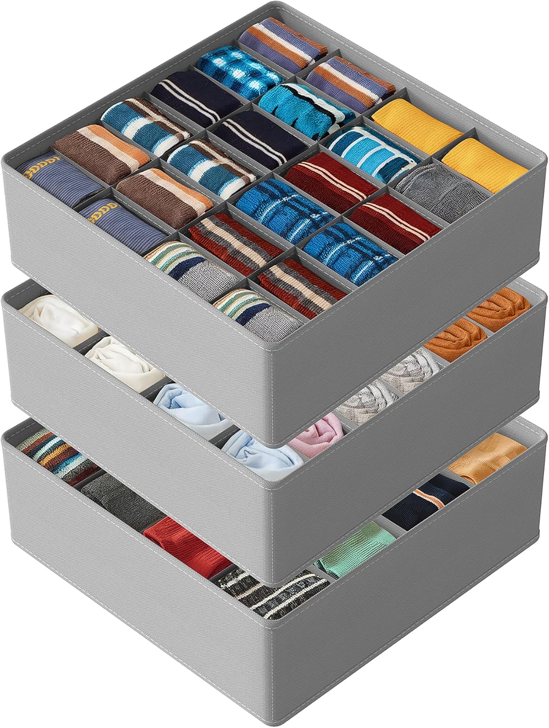 SpaceAid Sock Drawer Organizer Divider 3 Pack, 64 Cell Dresser Closet Nursery Underwear Organizers Storage Bins for Organizing Socks Underwear Ties Belts (Grey)
