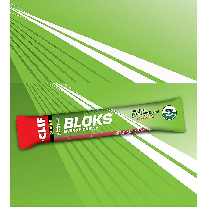 CLIF BLOKS - Salted Watermelon Flavor with 2X Sodium - Energy Chews - Non-GMO - Plant Based - Fast Fuel for Cycling and Running - Quick Carbohydrates and Electrolytes - 2.12 oz. (18 Count)