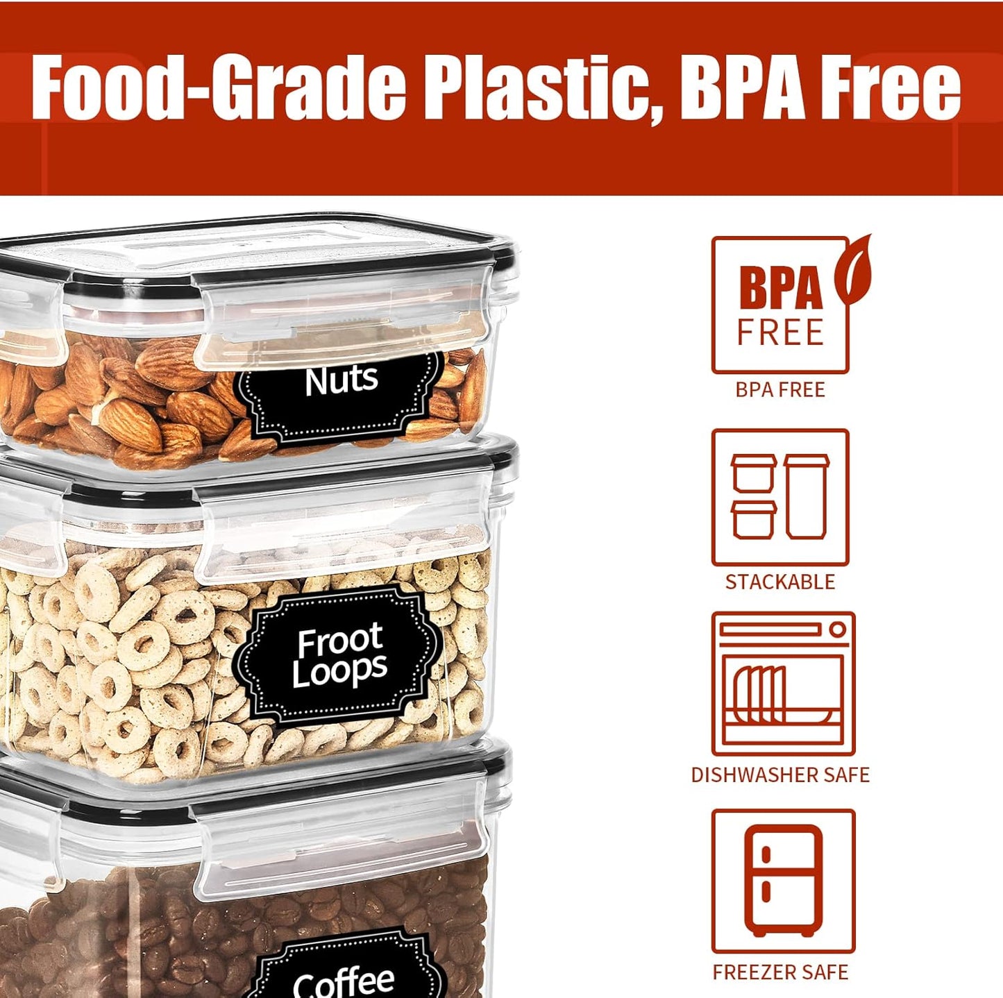 PRAKI 30 Pack Airtight Food Storage Containers for Kitchen Pantry Organizers and Storage, Plastic Kitchen Storage Canisters with Lids,Cereal, Flour & Sugar Containers - Labels, 6 Spoon & Marker