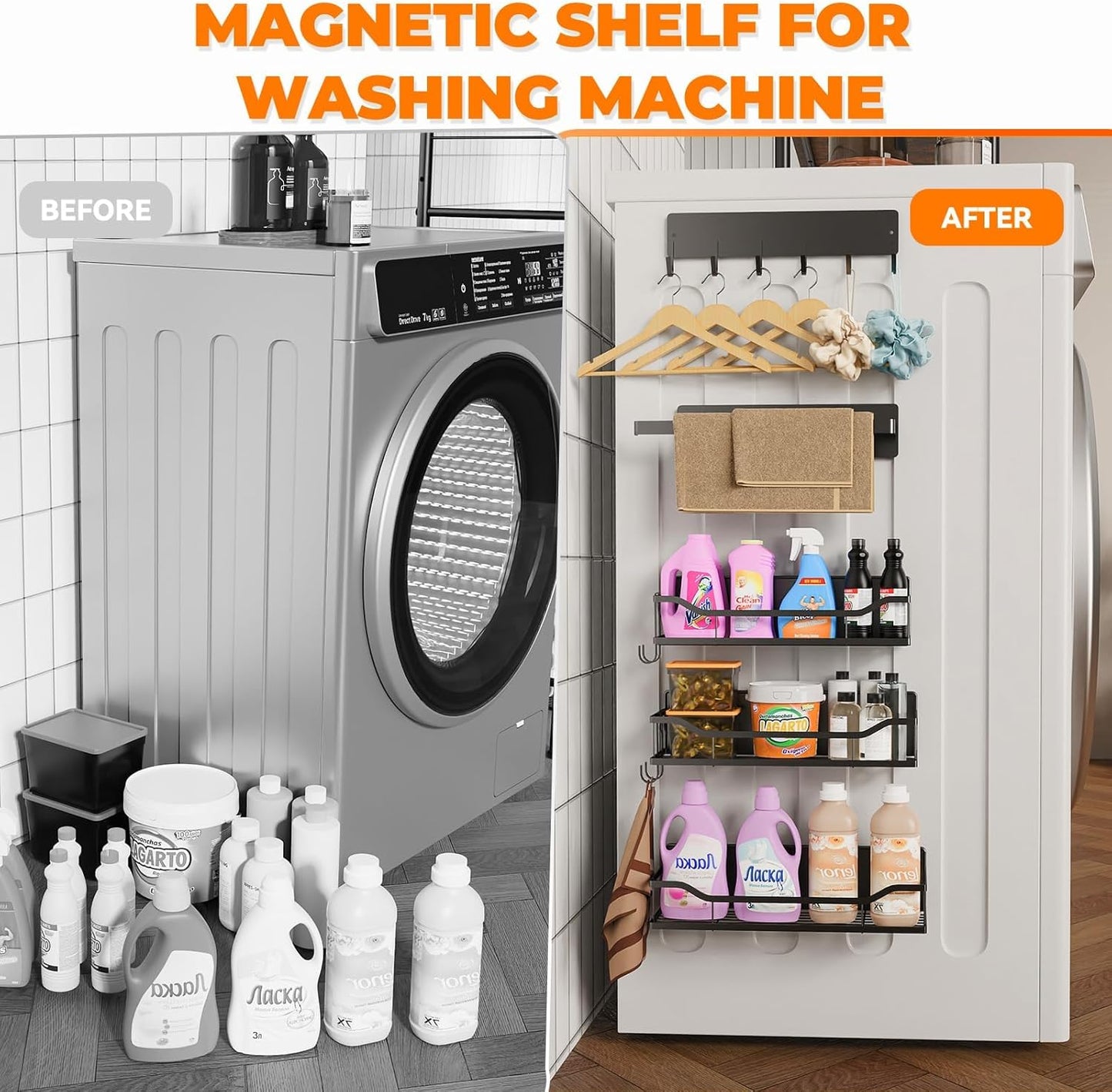 5 Pack Multifunctional Magnetic Shelves for Refrigerator Spice Rack & Washing Machine Organize, Include Paper Towel Holder, Kitchen Utensil Hanger and Hooks, Strong Magnet for Secure Hold (Black)