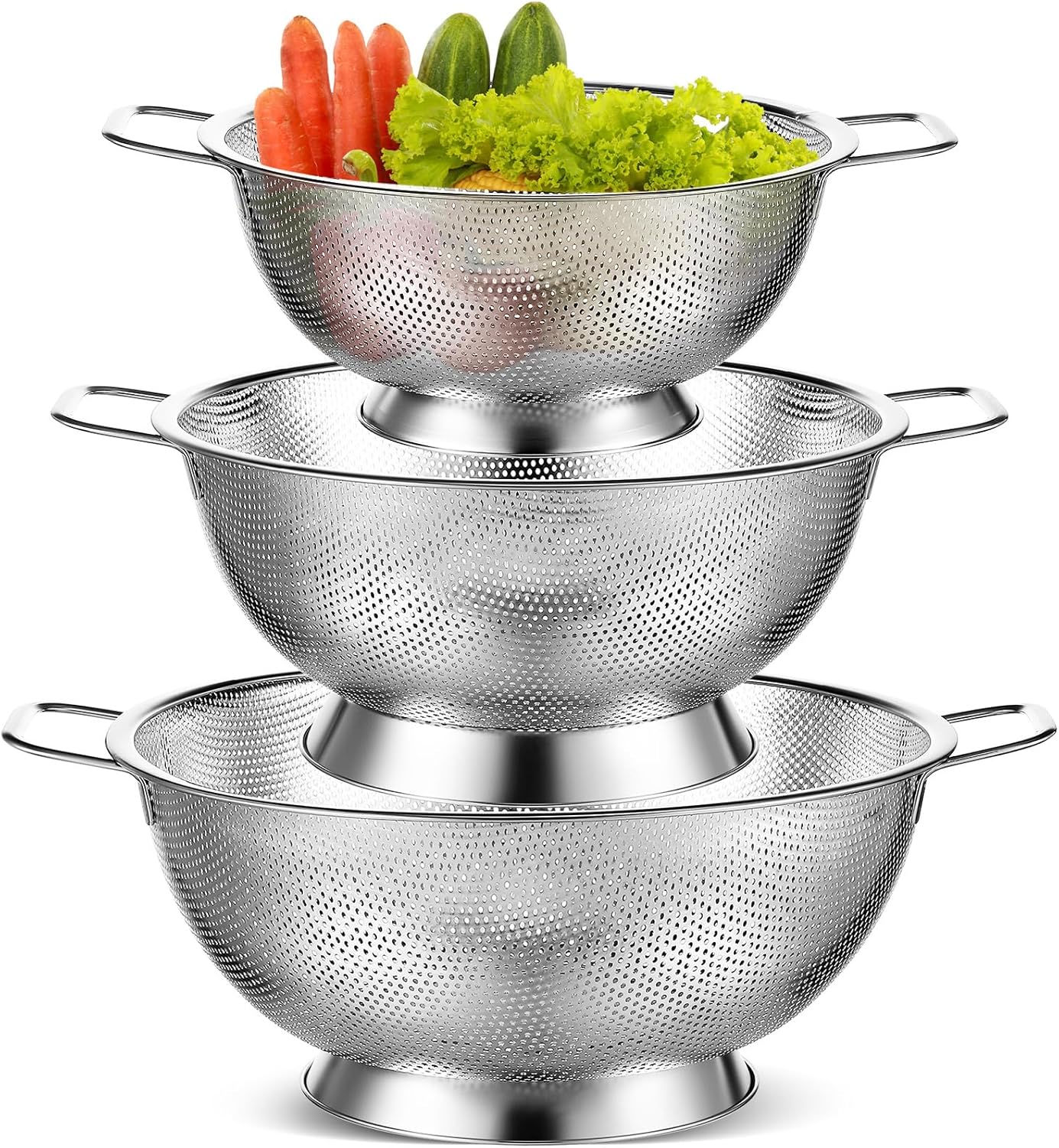 Bokon 3 Pcs Stainless Steel Colander Set Colander Bowl and Sieves 1/3/5 Quart Metal Mesh Strainer Net Basket with Handles Food Spaghetti Strainer for Kitchen Draining Pasta Rinsing(Silver)