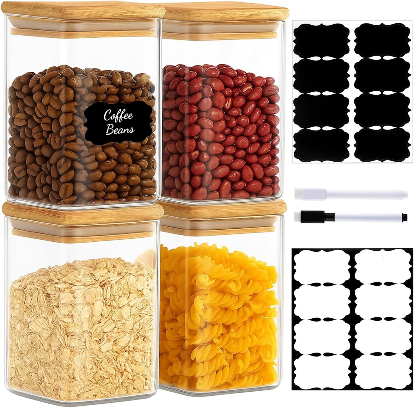 37oz Square Glass Storage Containers with Bamboo Lids – 4 Pack Clear Food Airtight Glass Jars for Pantry Organizers and Storage, Kitchen Dry Food, Coffee, Sugar, Flour, Snacks, Spices