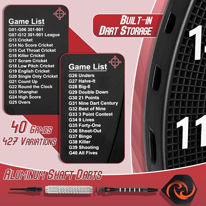 Electronic Dart Board, Soft Tip Dartboard Set 40 Games, 427 Variants Digital Electric Dart Boards with Colorful LED, 6 Darts, 100 Tips, Power Adapter