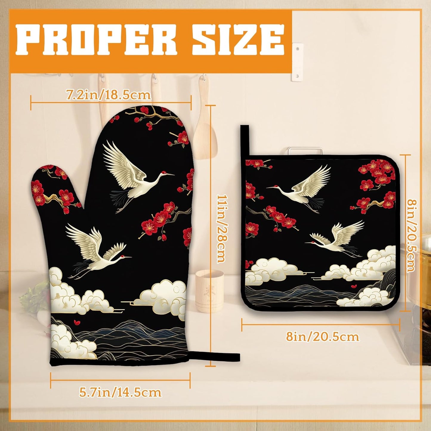 Japanese Crane Oven Mitts and Pot Holders Set,Cherry Blossom Kitchen Decor Heat Resistant Non Slip Hot Pads and Oven Mitt for Chef Cooking Baking BBQ Mom Girl Gifts(4 Piece Set)