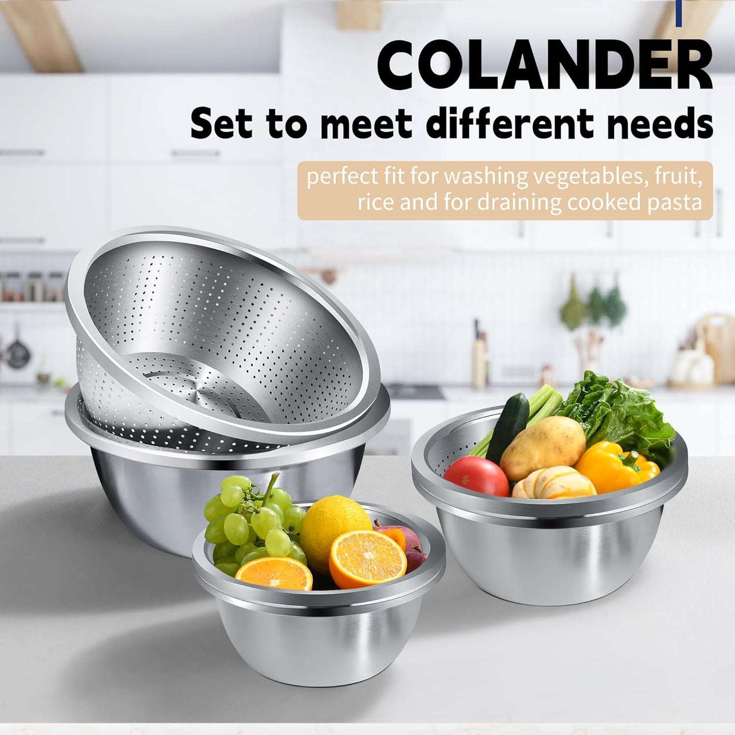 Colander 304 Stainless Steel 5-quart with Mixing Bowls, Strainer for Kitchen Food For washing vegetables, fruit, rice, Dishwasher Safe. (2PC)