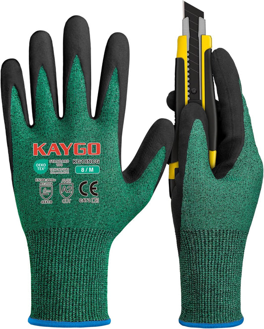 KAYGO Safety Work Gloves MicroFoam Nitrile Coated, 3 Pairs KG18N, Cut Resistant Glove with Abrasion and Oil Resistant Grip, ANSI Cut Level A2, M, Green
