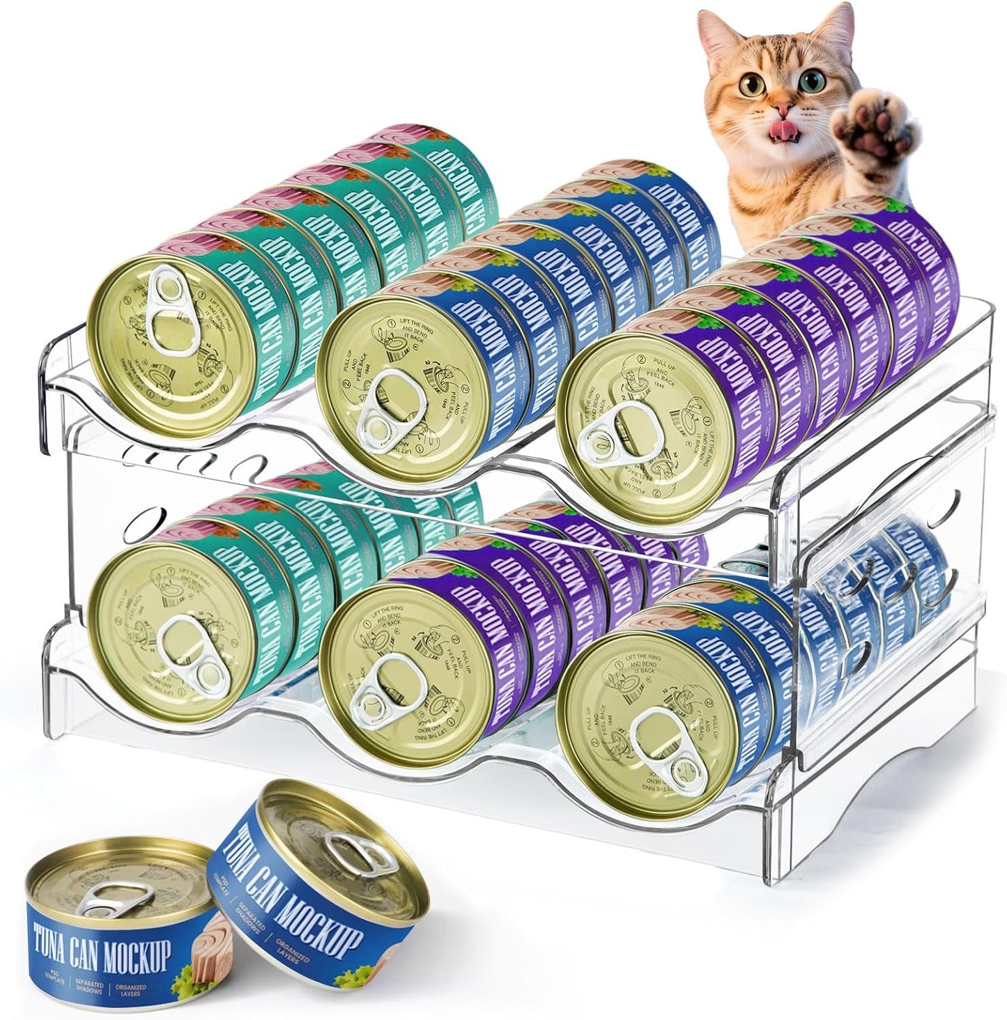 REFLYING Cat Food Can Organizer, 2-Layer Transparent Cat Food Storage Container Holds 36 (3.5oz) Cans, Canned Cat Food Organizer and Storage for Countertop Kitchen Cabinet or Pantry Shelf (2 layers)
