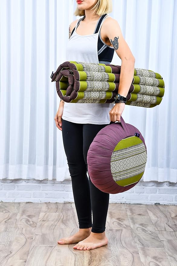 Leewadee Meditation Cushion Set – 1 Round Zafu Meditation Pillow and 1 Square Roll-Up Zabuton Meditation Mat, Pillows Bundle Filled with Kapok