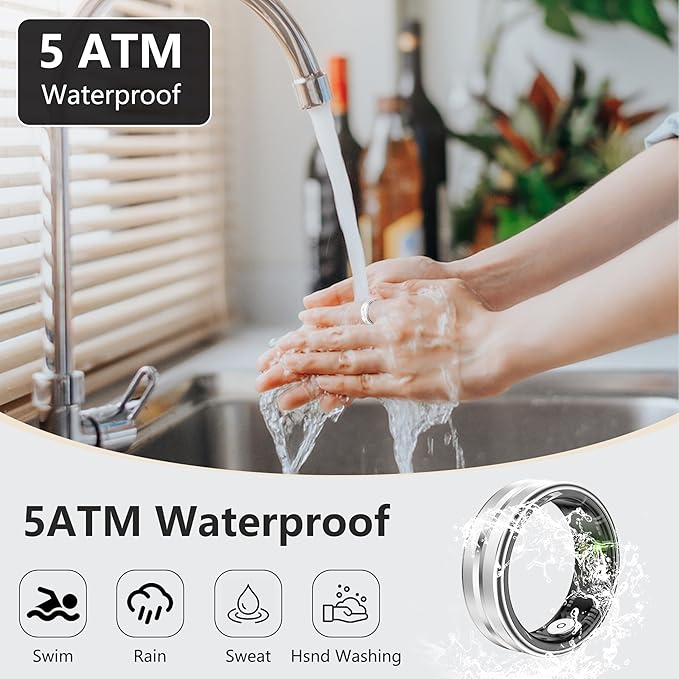 Thin Smart Ring for Fitness & Health Tracking -Pedometer,Sleep/Heart Rate/Blood Oxygen Monitor, Gesture Control / 5ATM Waterproof -No APP Subscription Compatible with Android& iOS (Silver, 11)
