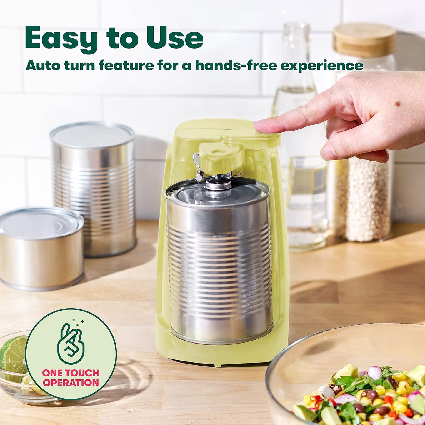 BELLA Electric Can Opener and Knife Sharpener, Multifunctional Jar and Bottle Opener with Removable Cutting Lever and Cord Storage, Stainless Steel Blade, Yellow