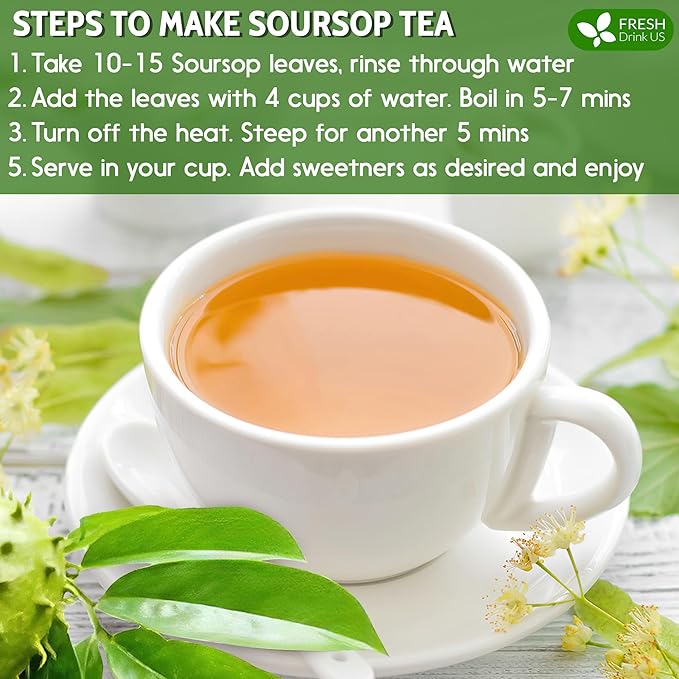 FreshDrinkUS, 75+ Premium Soursop Graviola Dried Leaves Tea, Natural Whole Leaves, Wildcrafted, Hoja De Guanabana, Soursop/Guanabana/Graviola Tea, No Sugar/Gluten/Caffeine/Non GMO, Vegan