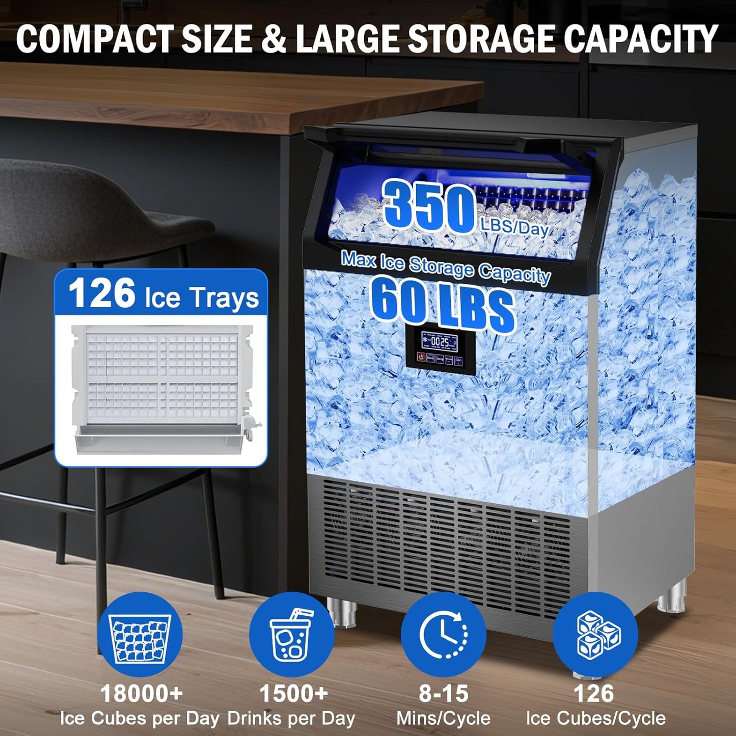 Commercial Ice Maker Machine 350 LBS/24H, 136 Ice Trays Freestanding & Undercounter Ice Machine Stainless Steel with 60 LBS Ice Storage Capacity, Ice Maker with Water Line and Filter, Dual Water Inlet