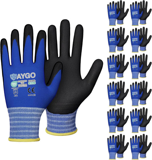 KAYGO Safety Work Gloves MicroFoam Nitrile Coated, 12 Pairs KG18NB,Seamless Knit Nylon Glove with full fingers Touchscreen, Ideal for Automotive,Warehouse,Construction (Large, Blue)