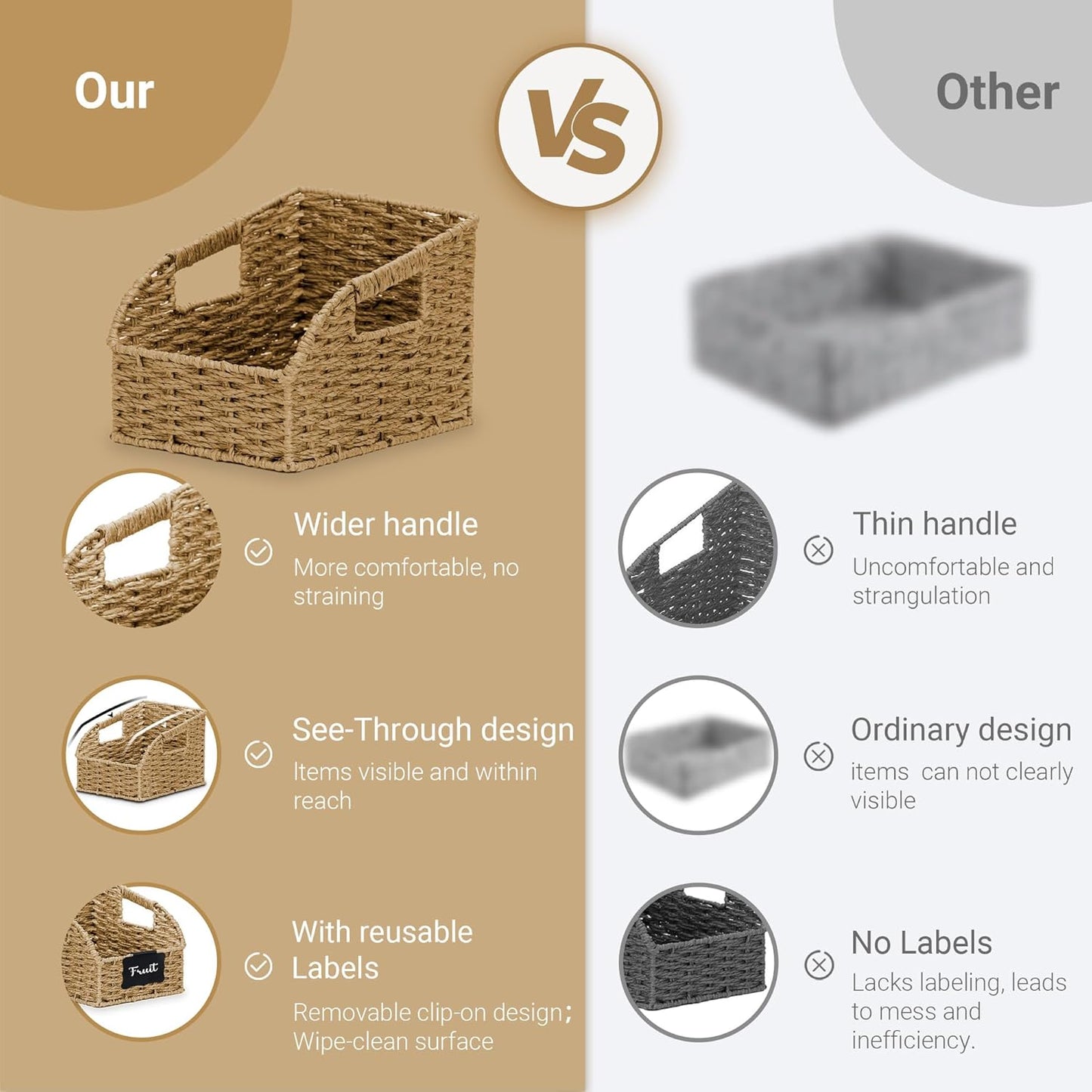 Wicker Baskets for Organizing,Pantry, Kitchen Counter with Handles, Handwoven Woven Storage Baskets for Fruit, Bread, Vegetable, Paper Storage Bins for Shelves, 3 Pack, Natural