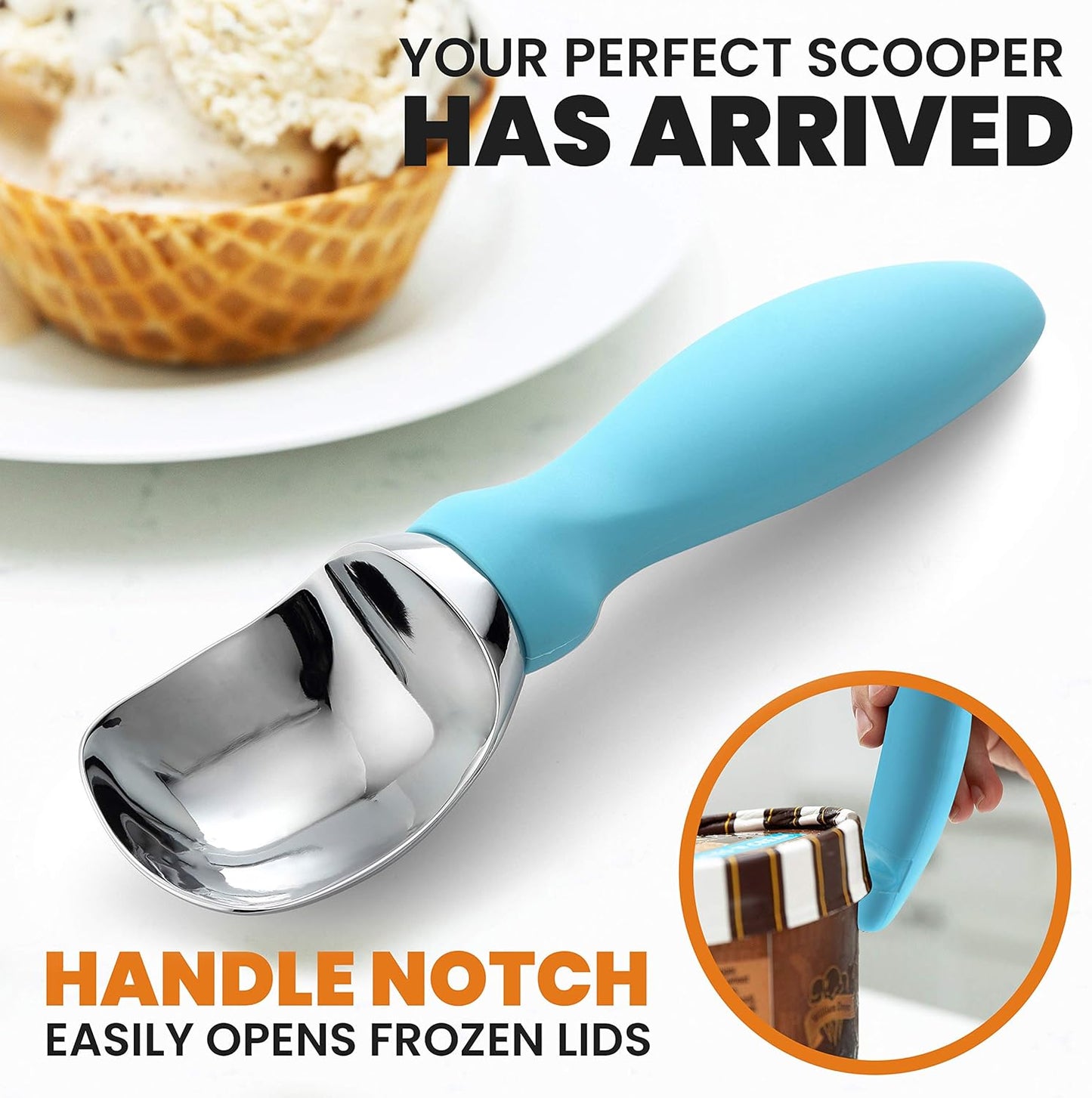 Spring Chef Stainless Steel Ice Cream Scoop with Soft Grip Handle - Heavy Duty Ice Cream Scooper for Frozen Yogurt, Gelato, Sundae, Melon, Sundae - Dishwasher Safe Premium Kitchen Tool - Aqua Sky
