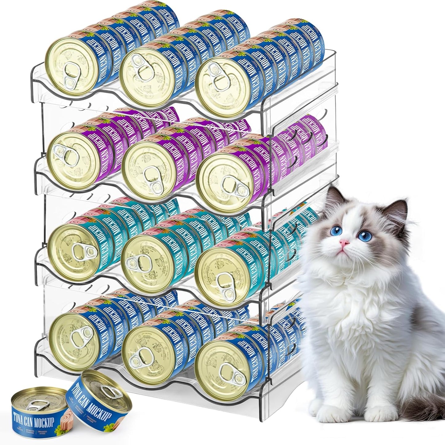 REFLYING Cat Food Can Organizer, 4-Layer Transparent Cat Food Storage Container Holds 72 (3.5oz) Cans, Canned Cat Food Organizer and Storage for Countertop Kitchen Cabinet or Pantry Shelf (4 Layers)