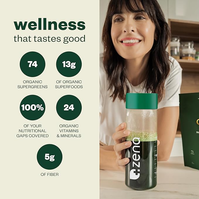 Zena Complete Organic Super Greens Powder & Multivitamin, 90+ Supergreens, Fruits, Veggies, Pre & Probiotics, Watermelon Citrus Flavor, 30 Packets + Water Bottle