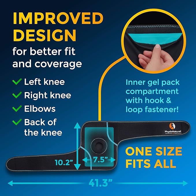 PhysioNatural Ice Pack for Knee Pain Relief, Reusable Gel Ice Wrap for Leg Injuries, Swelling, Knee Replacement Surgery, Cold Compress Therapy for Arthritis, Meniscus Tear and ACL