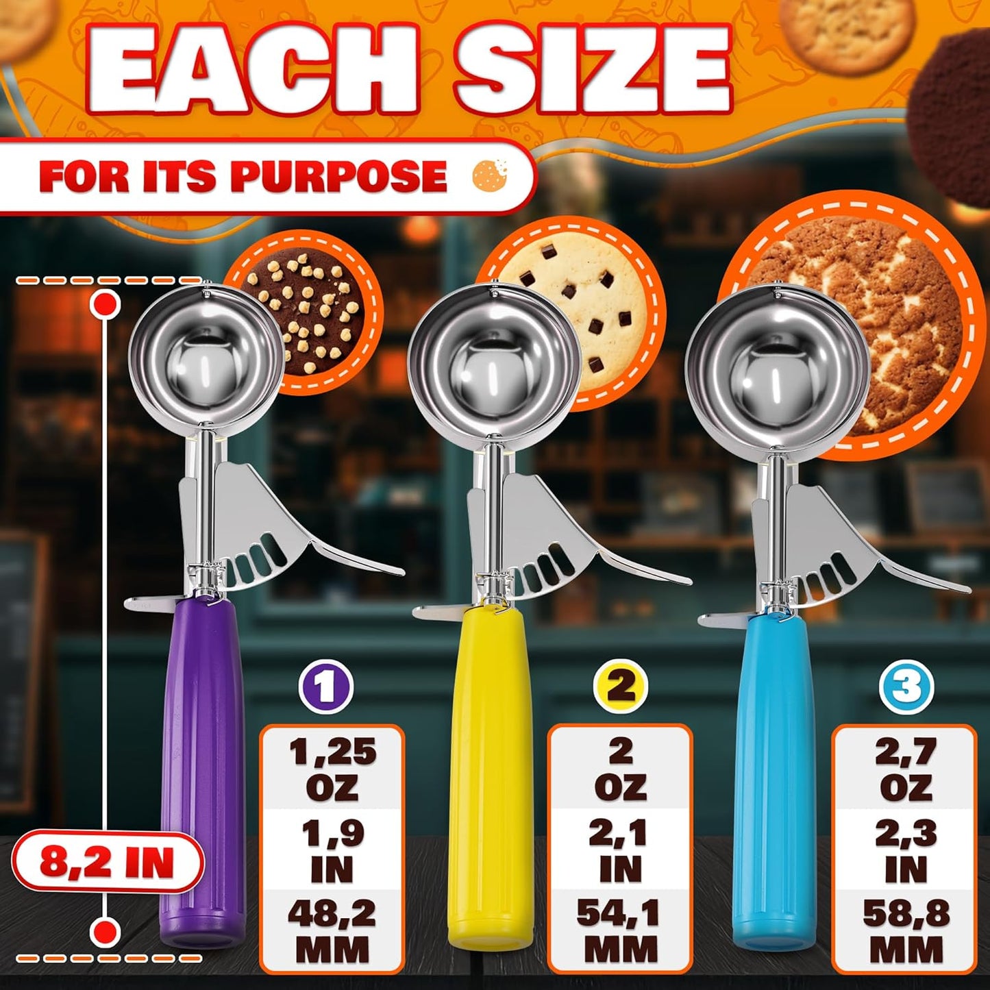 Cookie Scoop Set - Ice Cream Scoop with Trigger - Cookie Scoops for Baking Set of 3, #16 (2.7 oz), #20 (2 oz), #30 (1.25 oz), Stainless Steel Versatile Tool for Baking, Cookies, and Desserts