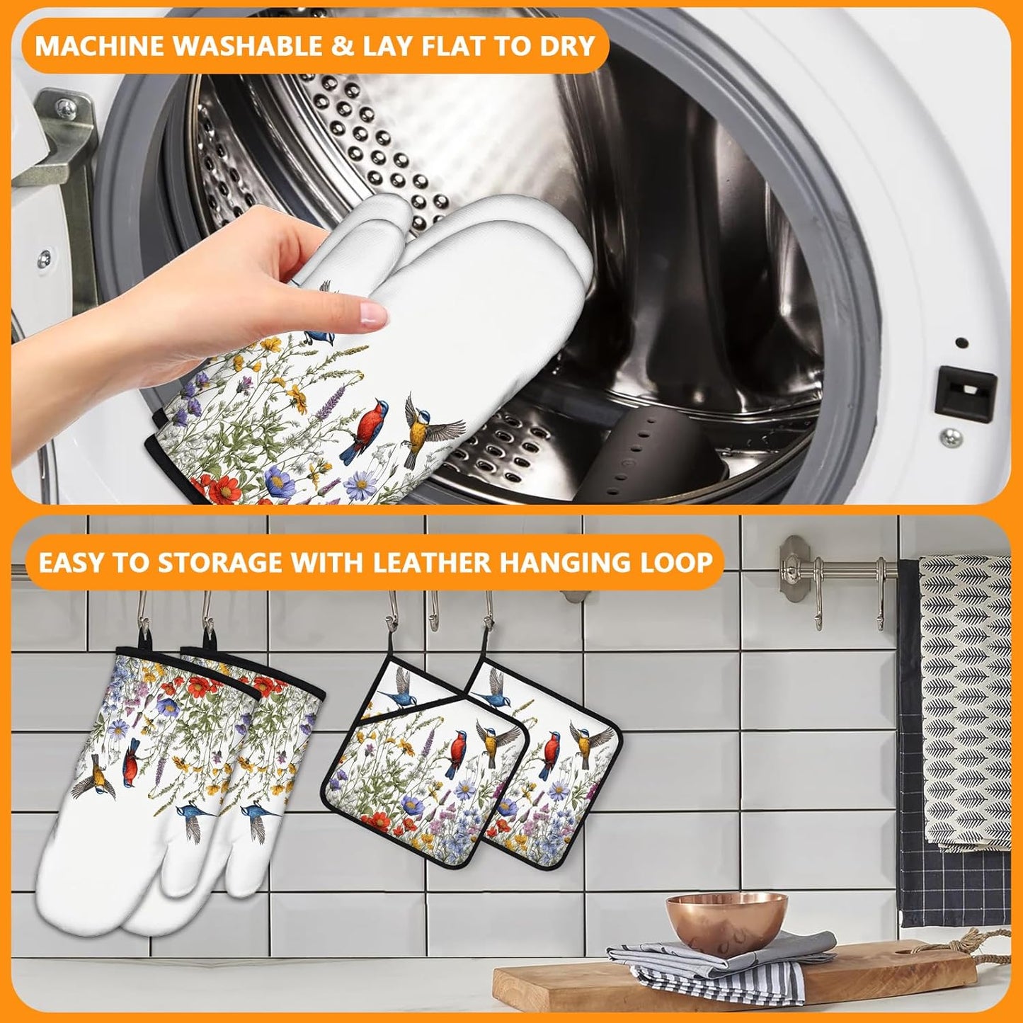 Wildflowers Birds Oven Mitts and Pot Holders Sets 4Pcs,Extra Long Oven Gloves Potholder for Kitchen Cooking Baking BBQ 100% Cotton Heat Resistant