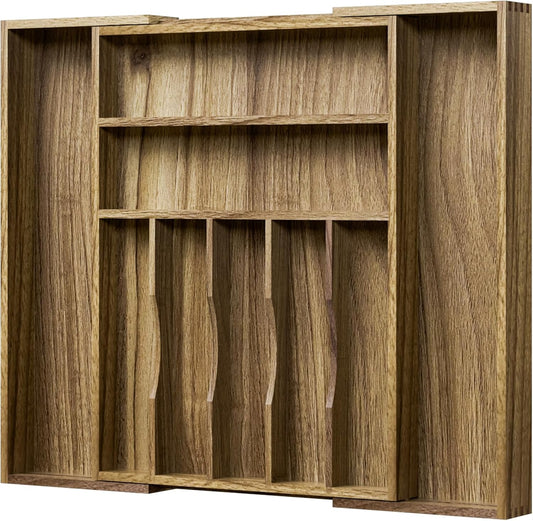 Acacia Wood Kitchen Silverware Drawer Organizer, Expandable Utensil Cutlery Drawer Organizer with Dividers, Flatware Organizer Silverware Tray for Spoon, Fork, 13''-20''x16.9'' (7-9 Slots)