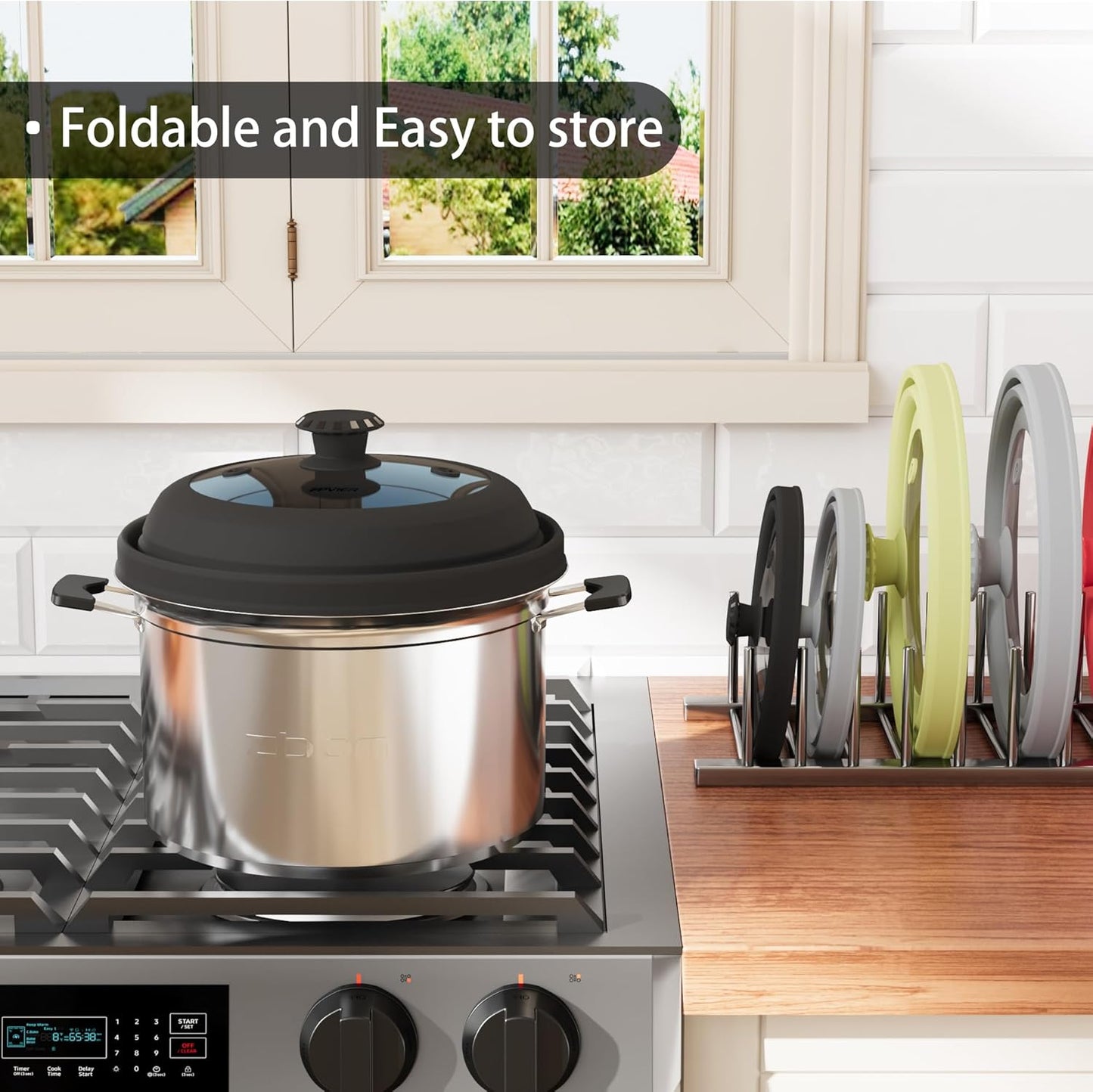 Collapsible Microwave Splatter Cover - Vented Silicone & Glass Lid with Easy-Grip Handle, Fits 6 to 8 Inch Plates & Bowls, 9 Inch Diameter, Prevents Splatters & Ensures Even Heating