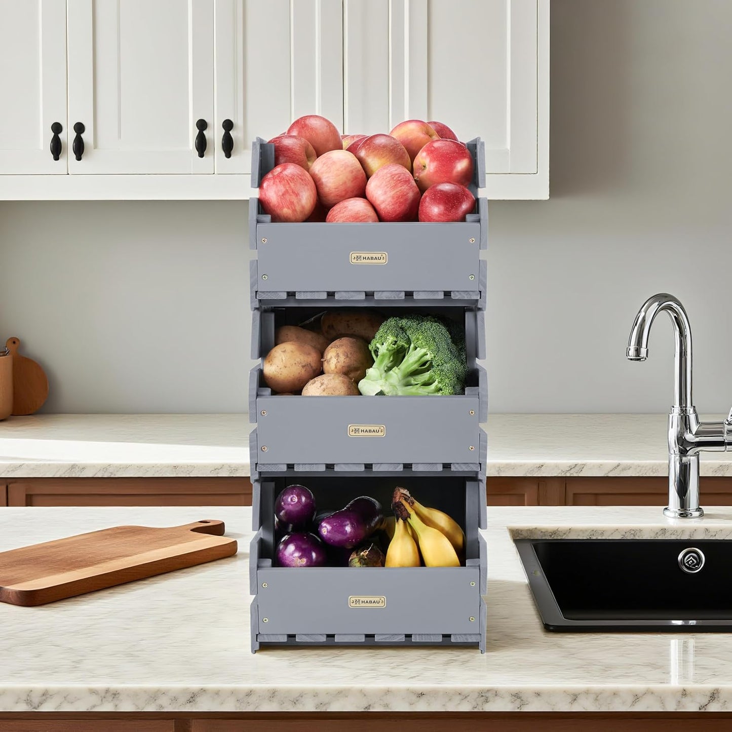 HABAU Wood Potato Onion Storage Bins - Wooden Stackable Produce Basket - Fruit Vegetable Storage for Kitchen Pantry Organization, Set 3 Pieces