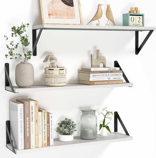 Heimlove Floating Shelves for Wall, 24 Inch Long Wood Floating Shelves Set of 3, Wall Mounted Hanging Shelf for Bathroom Bedroom Kitchen, White