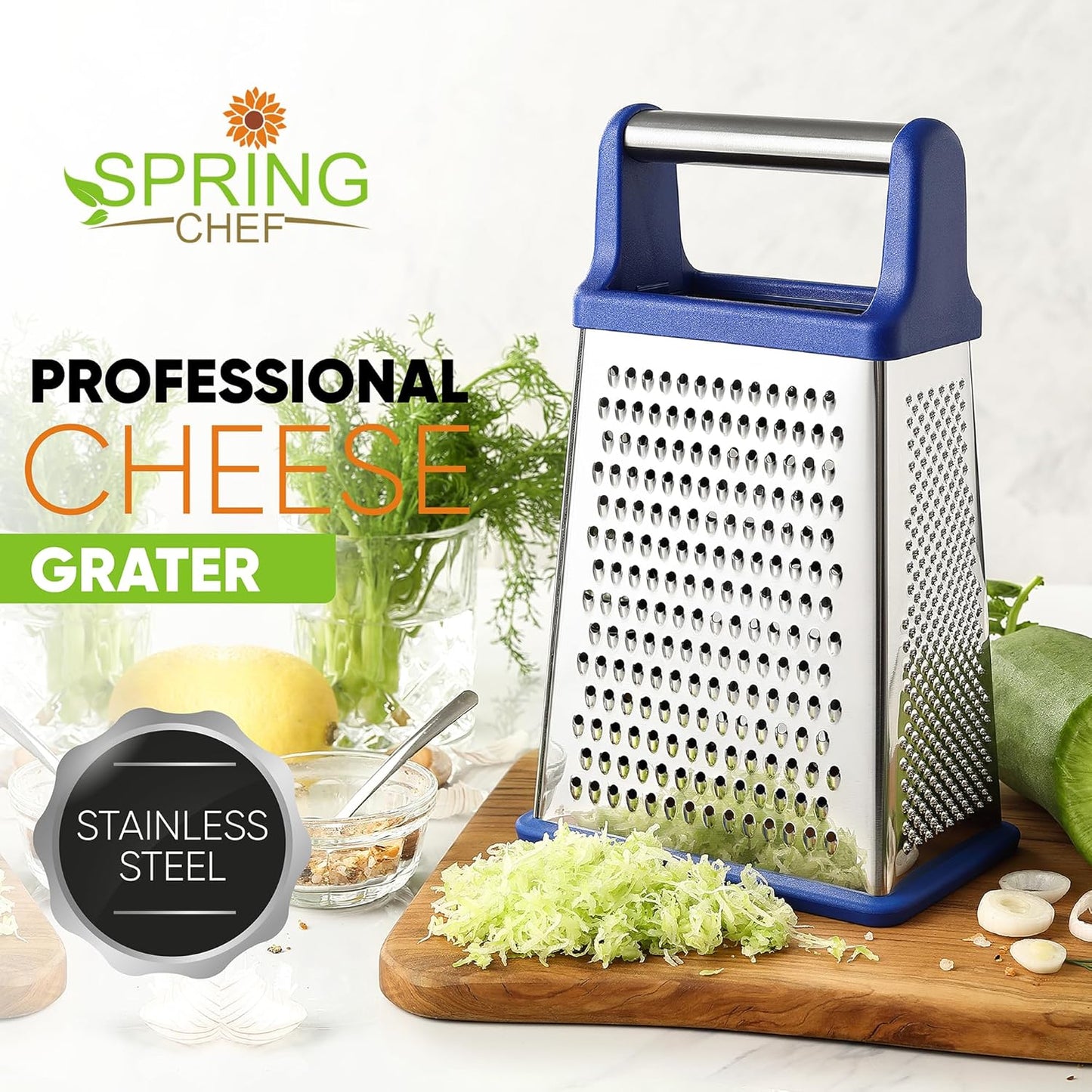 Spring Chef Stainless Steel XL Parmesan Cheese Grater with Handle - 4 Sided Metal Box Grater for Kitchen - Dishwasher Safe Potato Shredder for Hash Browns, Potato, Carrot, Vegetables - Sapphire