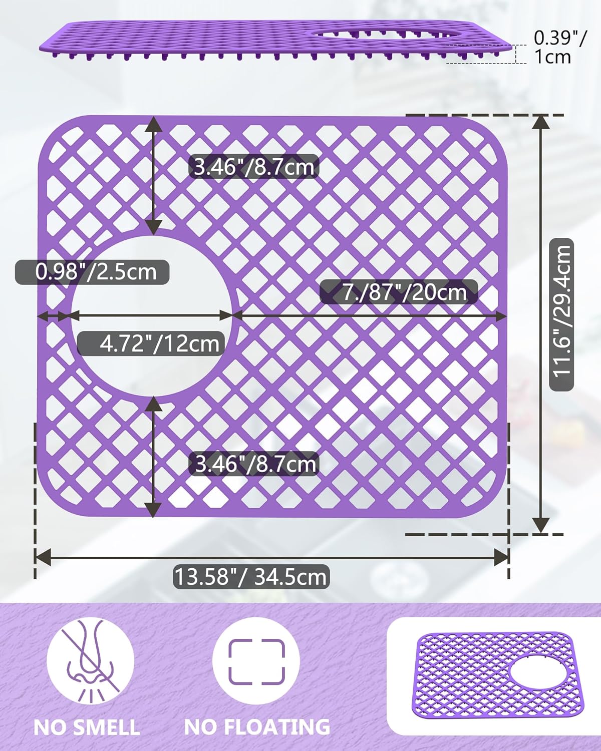 2 Pack Silicone Sink Protectors for Kitchen Sink, Lozenge Pattern 13 x 11 Inches Sink Mat, Non-Slip and Durable Sink Protector Silicone, Rear Drain, Purple