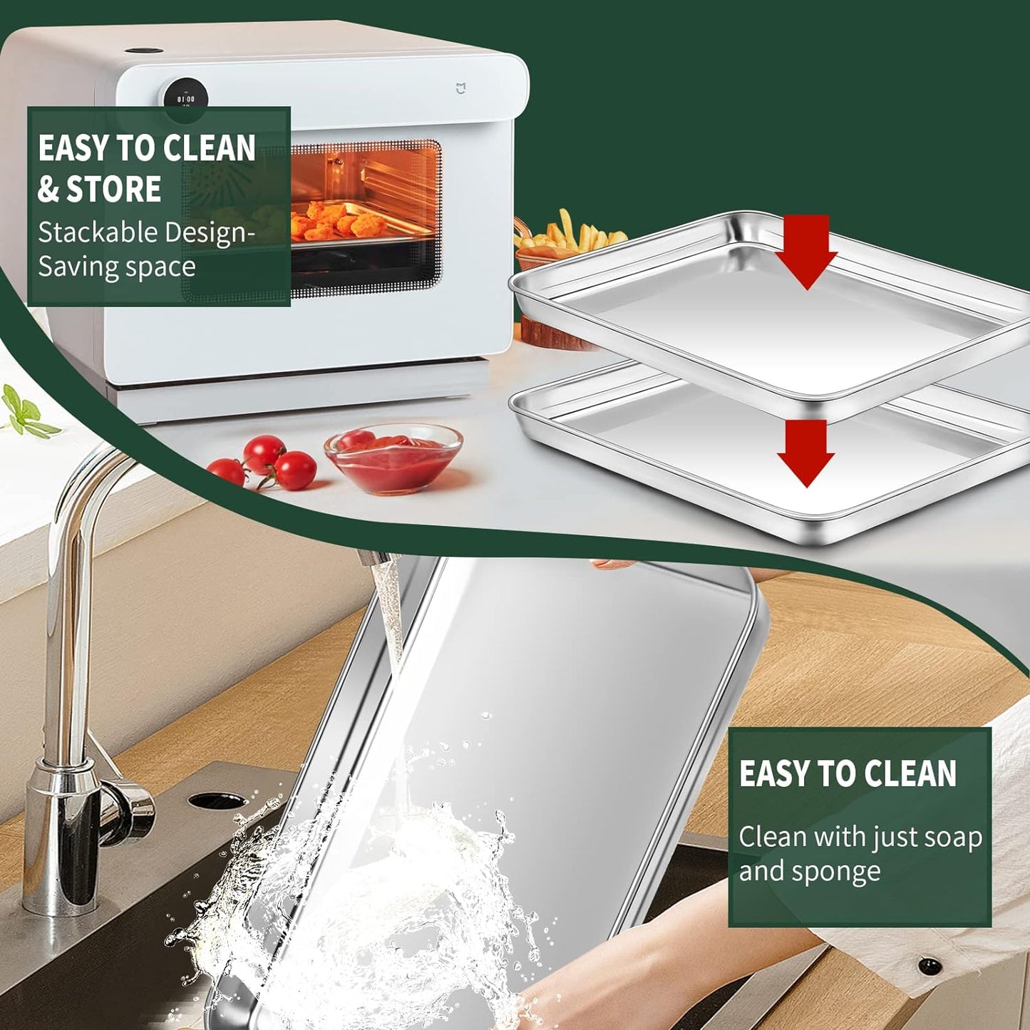 Small Baking Sheet with Rack Set [2 Small Cookie Sheets + 2 Small Baking Racks], CEKEE Stainless Steel Small Baking Pan and Grill Rack - Rust & Warp Resistant & Nonstick, Size 9.33 x 6.96 x 1 Inch