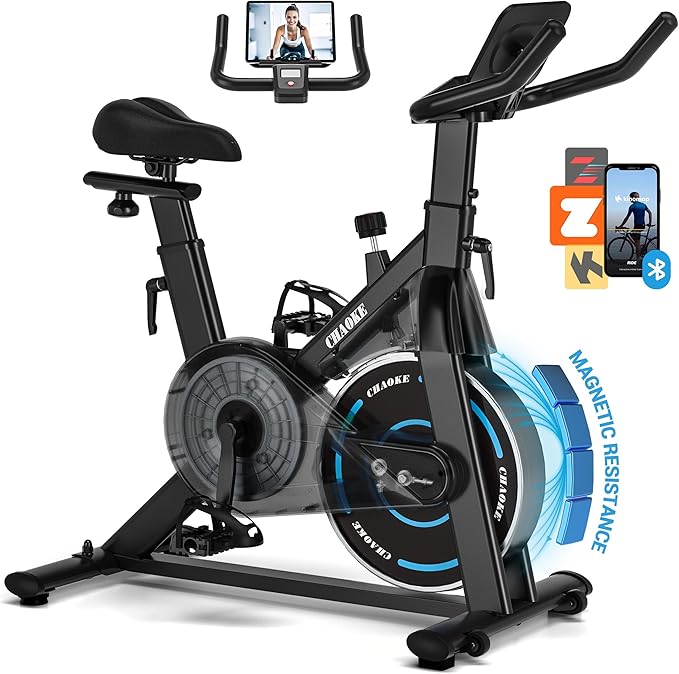 Exercise Bike, CHAOKE Quiet Magnetic Resistance 300LB Capacity Stationary Bike for Home with App Compatible, Indoor Bike with Comfortable Seat and Digital Display
