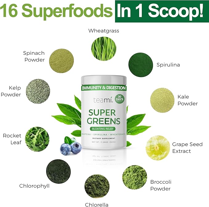 Teami Organic Super Greens Powder for Immunity & Digestion, Non-GMO Greens Superfood Powder to Support Energy, 16 superfood Ingredients, Sugar-Free Veggie Powder for Juice & Smoothie, 32 Servings