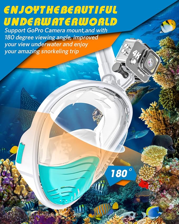 QingSong Full Face Snorkel Mask for Adults, Snorkeling Gear with Camera Mount, 180 Degree Panoramic View Snorkel Set Anti-Fog Anti-Leak