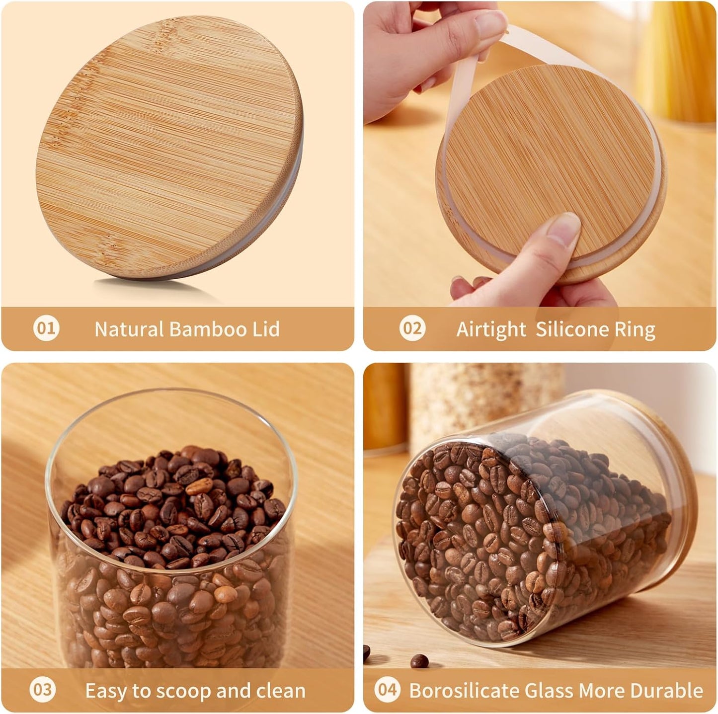 Glass Food Storage Jars with Lids[Set of 3], Perfect for Pasta, Cookies, Nuts, Coffee, Cereal, Flour, and More, Organize Your Kitchen and Pantry with these BPA-Free Glass Canisters