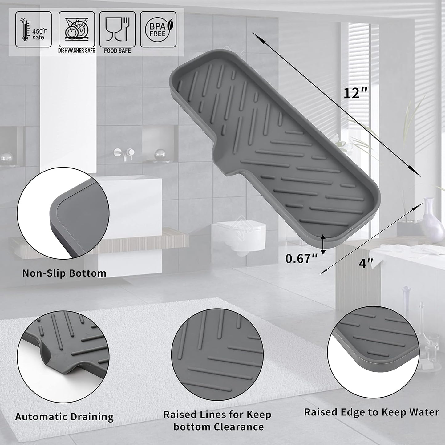 Silicone Bathroom Soap Dishes with Drain Spout-Bathroom and Kitchen Sink Organizer,Sponge Holder,Dish Soap Tray,Perfect for Dispenser,Scrubber,Bottle,Cup on Sink or Counter-Grey 12"×4"