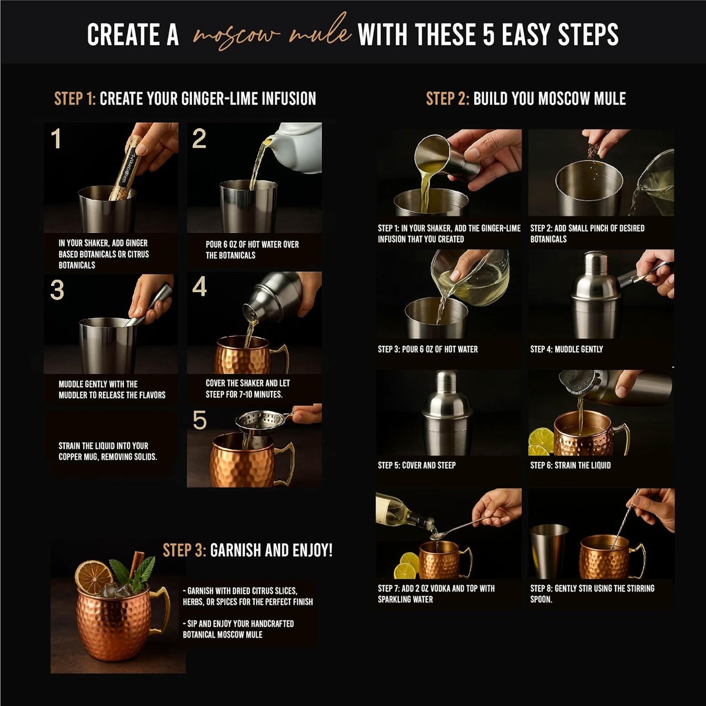 Moscow Mule Kit Gift Set - 2 Copper Mugs - 11 Botanicals - Stainless Steel Shaker & Jigger - Mudder - Recipe Book - Moscow Mule Cocktail Kit - Basket Gifts for Women - Unique Accessories for Infusion