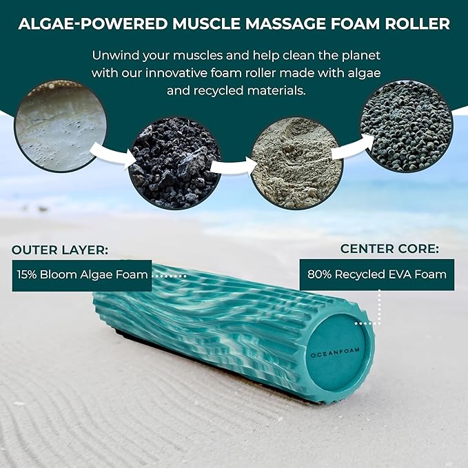 Oceanfoam Tidal Roller - Jade & Seafoam Marbled - Muscle Massage Foam Roller for Back Pain & Stretching - Firm and Ergonomic Wide Wave Textured - Yoga, Athletics, & Wellness - Full Size, 20" x 5"