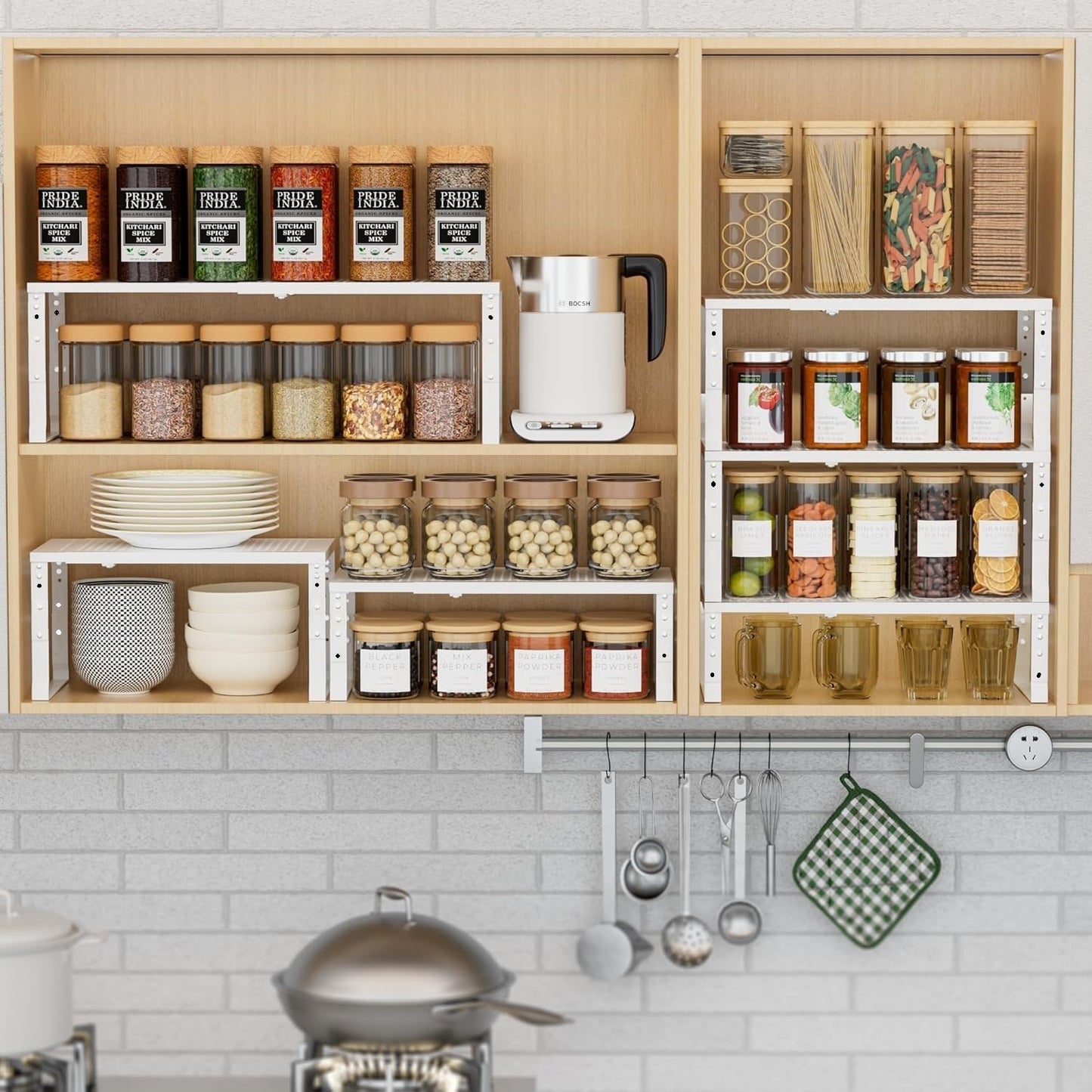 Expandable Spice Rack Kitchen Cabinet Shelf Organizer, Stackable Storage Shelves Racks, Adjustable Counter Shelving for Cabinets, Countertop, Cupboard,Pantry and More(2Packs/White/Medium)