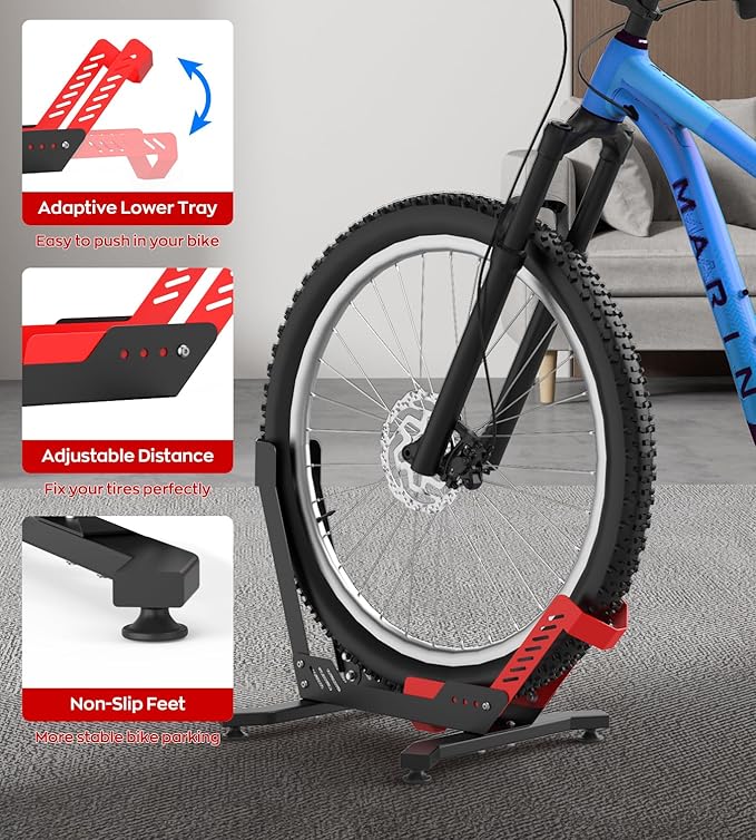 Bike Floor Stand, Portable Bike Storage for Garage - up to 3.5" Tire Wide, MTB & Road Bicycle Floor Stand, Front and Rear Wheel Parking Rack Fit for 26"-29" Bikes