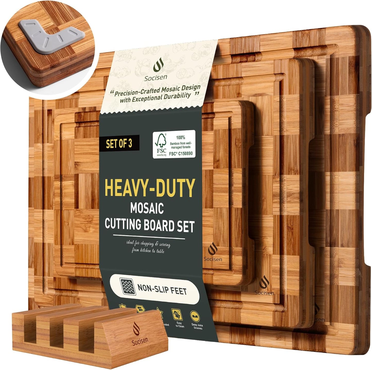 3 Pack Heavy Duty Bamboo Cutting Board Set Non Toxic Wooden Cutting Board for Kitchen Non Slip Solid End Grain Thick Wood Juice Groove Chopping Board Extra Large Big Small Best House Warming Gift