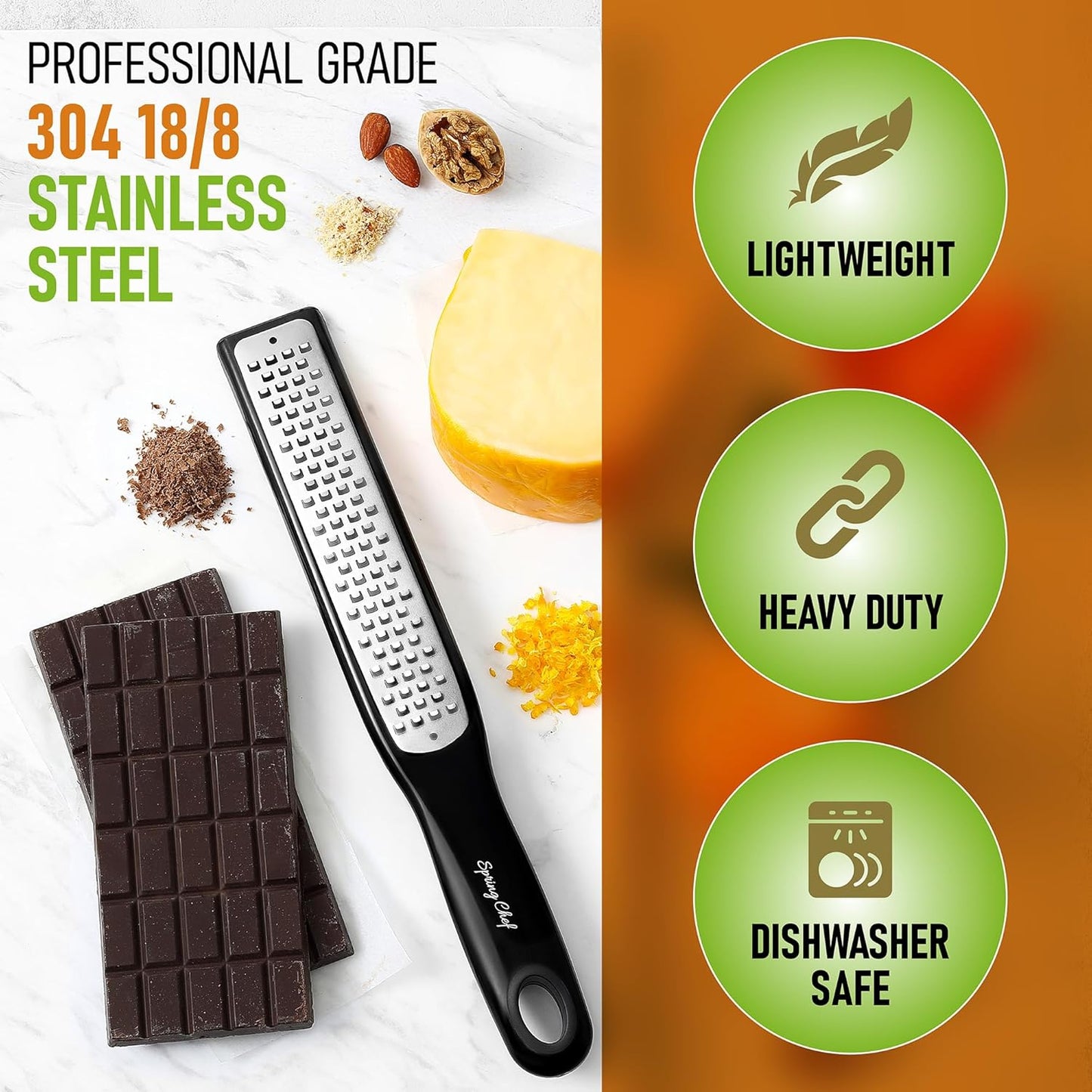 Spring Chef Premium Lemon Zester Grater with Handle - Ginger, Nutmeg, Garlic Grater - Heavy Duty Kitchen Tool - Stainless Steel Citrus Zester with Blade Cover - Fine & Coarse Shred, Set of 2, Black