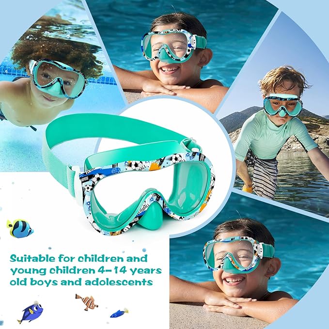 Kids Swim Goggles with Nose Cover, 180° Panoramic Snorkel Mask with Anti-Fog & Anti-Leak Design, Comfort Fabric Strap UV Protection Lens for Boys Girls Ages 3-15