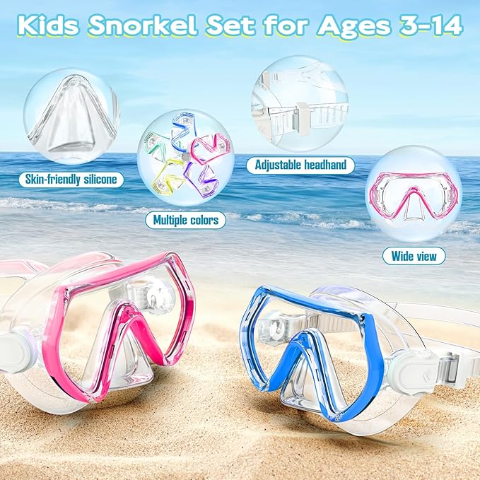 Snorkeling Gear for Kids, Kids Snorkel Set for Ages 3-14, Anti-Fog Diving Mask and Dry Top Snorkel Combo Set, Unisex Swimming Goggles