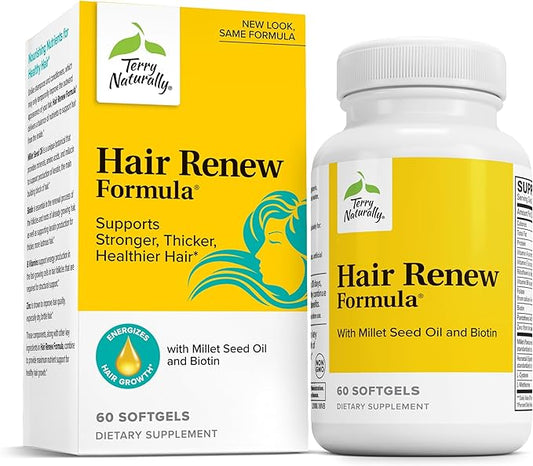 Terry Naturally Hair Renew Formula - Healthy Hair Growth Supplement with Biotin B Vitamins & Zinc - Millet Seed Oil for Keratin Production Support & Stronger, More Radiant Strands - 60 Softgels