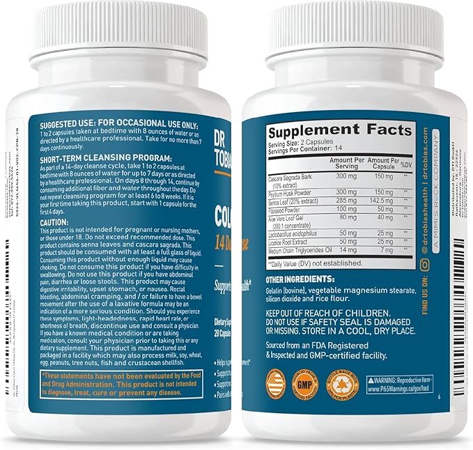 Dr. Tobias Colon 14 Day Cleanse, Advanced Gut Cleanse Detox for Women & Men with Cascara Sagrada, Psyllium Husk, Senna Leaf & Probiotics, Non-GMO Colon Cleanse, 28 Capsules 1-2 Daily