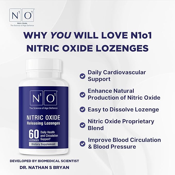 Nitric Oxide Lozenges - 60 Count - Nitric Oxide Supplement for Heart Health, Circulation, Energy, Blood Flow, Oxygenation, Healthy Blood Pressure, Cardiovascular Support for Men & Women