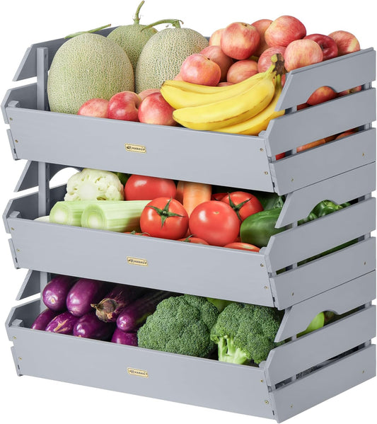 HABAU Wood Potato Onion Storage Bins - Wooden Stackable Produce Basket - Fruit Vegetable Storage for Kitchen Pantry Organization, Set 3 Pieces