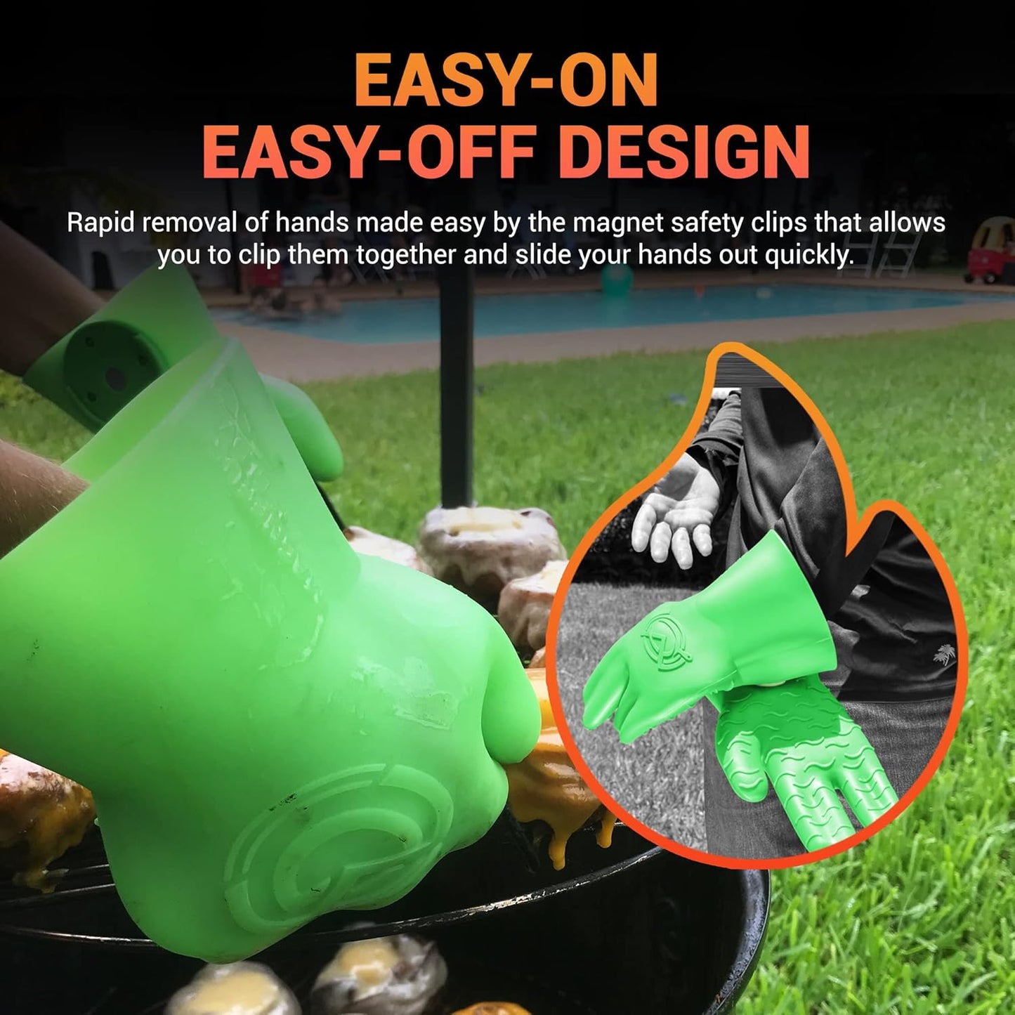 MagneCHEF Heat Resistant Silicone BBQ Gloves- Ergonomic Web fit Allows for Firm Grip- Patented Magnet Safety Clip Allows for Rapid Release of one or Both Hands- Grip Waves for Pulling Pork (Green)